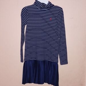 Navy Striped Long Sleeve Kids Turtle Neck Dress By Ralph Lauren
